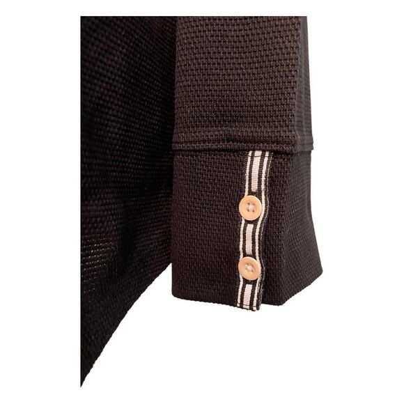 Talbots Black Waffle Knit Tunic Top Striped Button Cuffs Kanga Pocket M - Picture 3 of 8